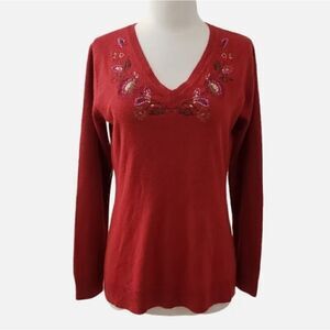 Classic‎ Elements Burnt Orange Embroidered Floral V Neck Sweater